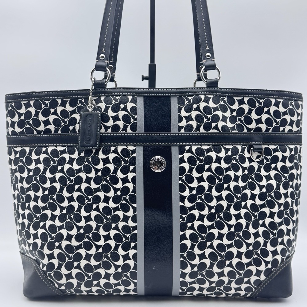 Coach Chelsea Heritage Stripe Signature Tote Black White Coated Canvas #F15134